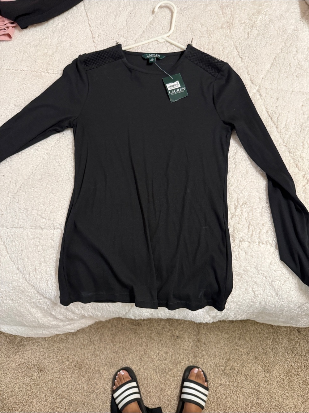 Lauren Ralph Lauren Black Long-Sleeve Knit Tee with Quilted Shoulders